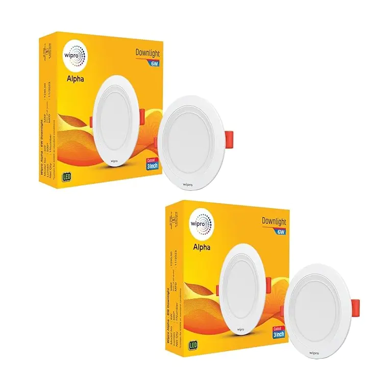 Wipro 6W Alpha Slim Downlight for Junction Box Warm White 2700K , 450 Lumens 75mm Cutout, 112x22mm Dimension Surge Protection