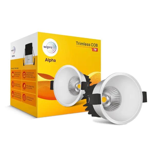Wipro 7W Alpha Trimless COB LED Light Warm White 2700K , 540 Lumens 36 Beam Angle, 55mm Cutout Aluminium PDC Heat Sink Ideal
