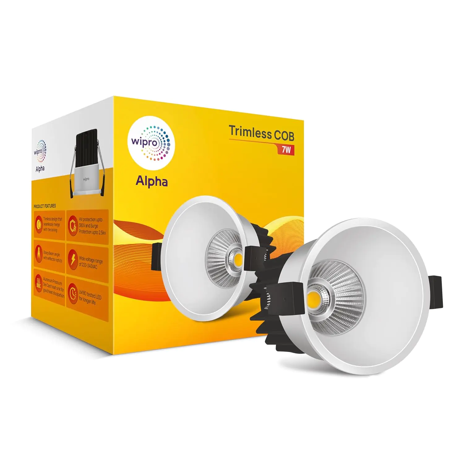DC030727 Wipro 7W Alpha Trimless COB LED Light Warm White 2700K , 540 Lumens 36 Beam Angle, 55mm Cutout Aluminium PDC Heat Sink Ideal