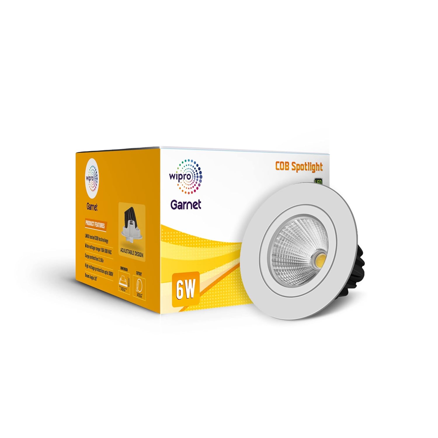 DC10665 Wipro Garnet 6W COB Spotlight Cool White 6500K , 490 Lumens 35 Beam Angle, 60mm Cutout Adjustable Design, Aluminium Housing R