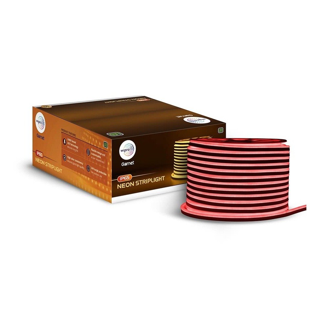 Wipro Garnet 50M Neon LED Strip Light, 120 LEDs mtr, Red, IP65 Waterproof, Flexible Strip Light for Outdoor Indoor Decoration