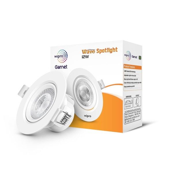 Wipro Garnet 12W Round LED Wave Spotlight Cool White 6500K , 930 Lumens 60 Beam Angle, 125mm Cutout Adjustable Design, Recess