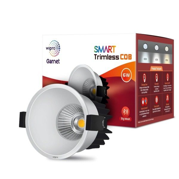 Wipro Garnet 6W Smart Trimless COB Spotlight, CCT White Tuneable Dimmable, 24 Beam Angle, Bluetooth Control, Alexa Google Ass