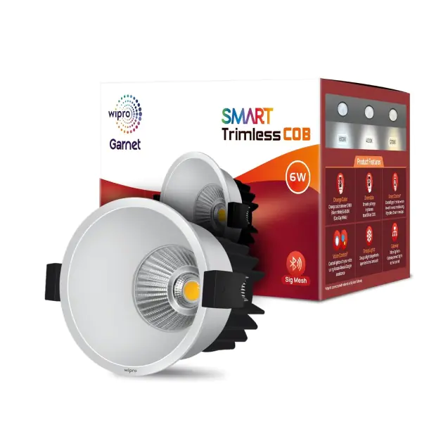 Wipro Garnet 6W Smart Trimless COB Spotlight, CCT White Tuneable Dimmable, 24 Beam Angle, Bluetooth Control, Alexa Google Ass