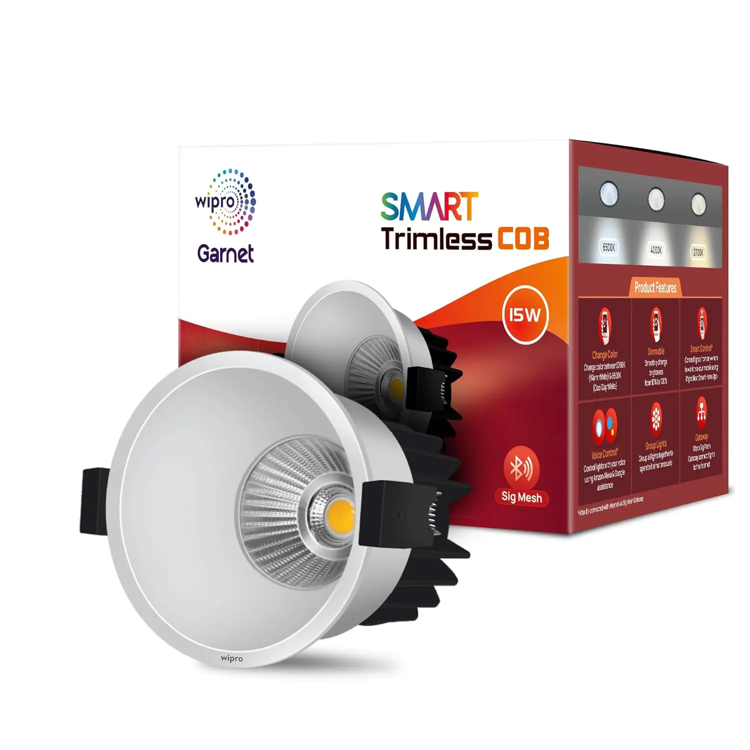 DS51510 Wipro Garnet 15W Smart Trimless COB Spotlight, CCT White Tuneable Dimmable, 24 Beam Angle, Bluetooth Control, Alexa Google As