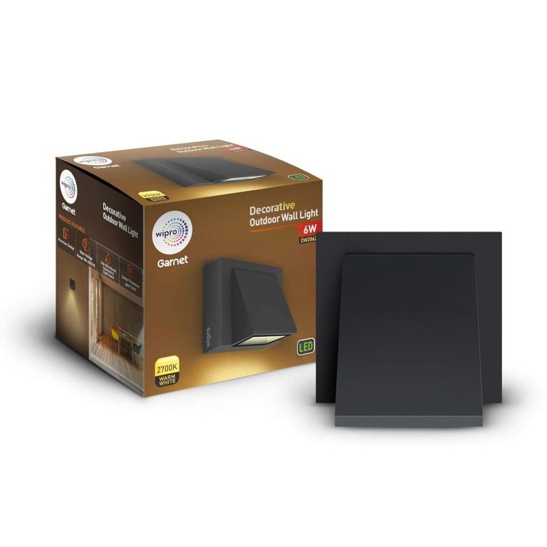 Wipro Garnet 1x6W Unidirectional Down Rectangular Outdoor Wall Light, IP54, Warm White 2700K , Aluminium Housing, Dimension 8