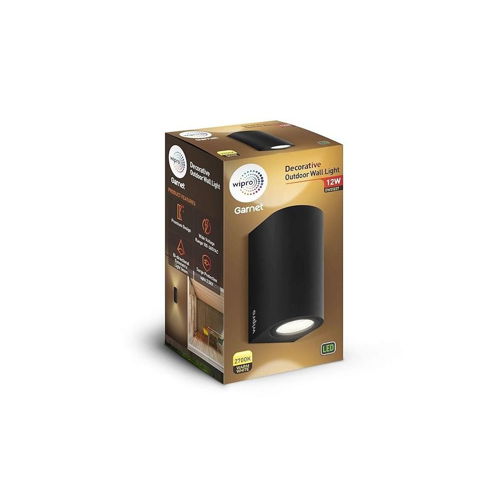 Wipro Garnet 2x6W Symmetric Up Down Cylindrical Outdoor Wall Light, IP54, Warm White 2700K , Aluminium Housing, for Home, Pac