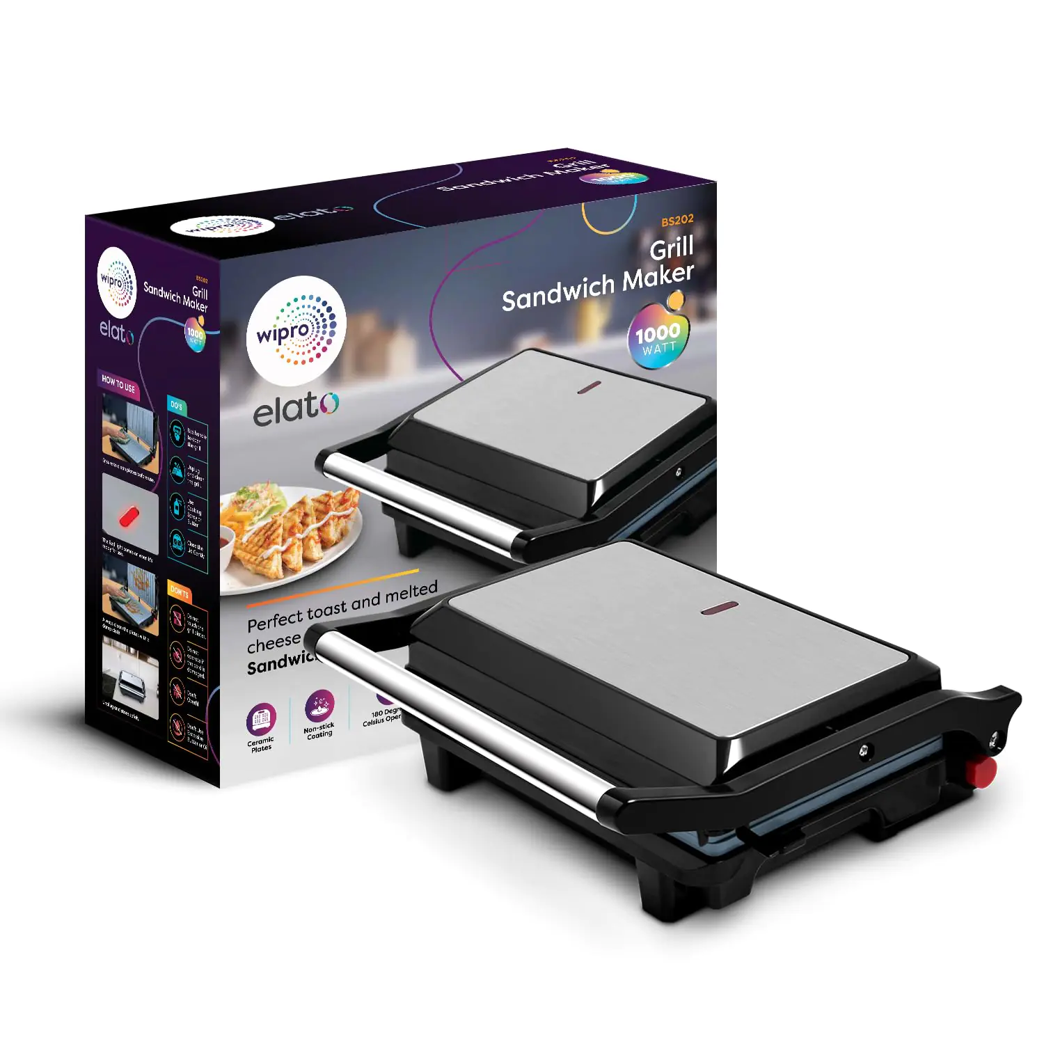 Wipro Elato BS202 1000 Watt Ceramic Grill Sandwich Maker, Scratch Resistant, 180 Open Sandwich Griller, Auto Cutoff, Non Toxi