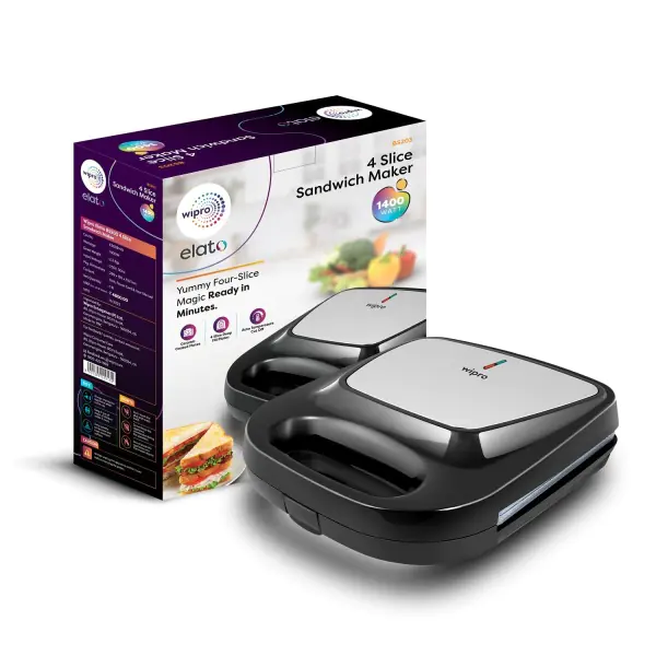 Wipro Elato BS203 1400W Extra Large 4-Slice sandwich maker with Ceramic Plates Cool touch body Smart LED Indicator lights Aut