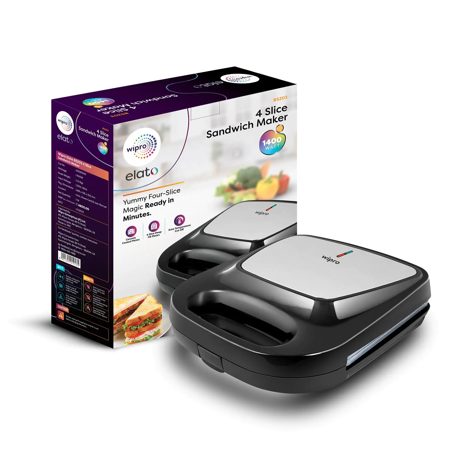 Wipro Elato BS203 1400W Extra Large 4-Slice sandwich maker with Ceramic Plates Cool touch body Smart LED Indicator lights Aut