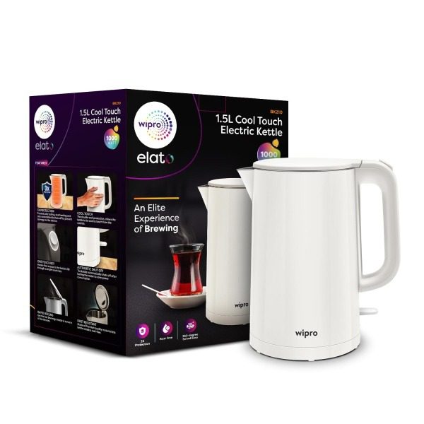Wipro Elato BK210 Cool Touch Double Layer Electric Kettle, 1.5 Litres, Anti Rust Shield, Super Fast Heating, 3x Protection Ov