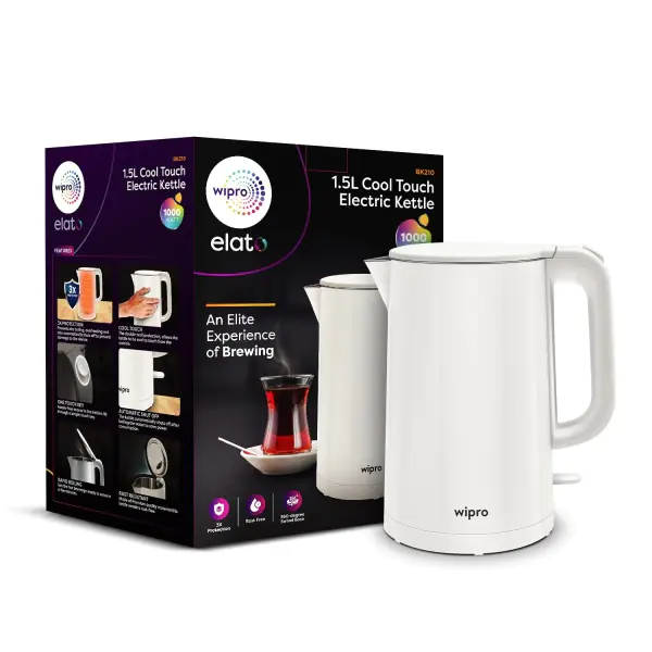 Wipro Elato BK210 Cool Touch Double Layer Electric Kettle, 1.5 Litres, Anti Rust Shield, Super Fast Heating, 3x Protection Ov