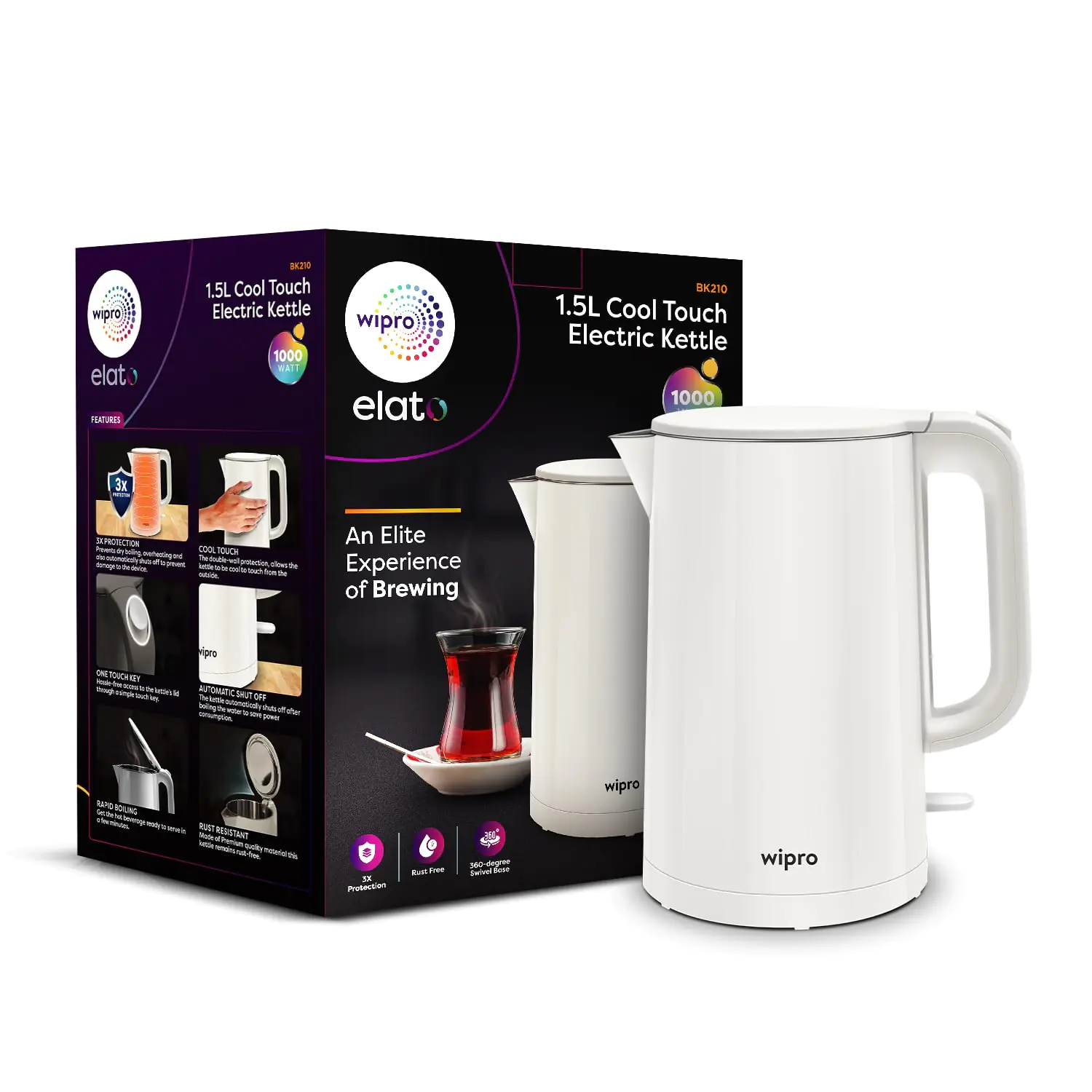 EW011100 Wipro Elato BK210 Cool Touch Double Layer Electric Kettle, 1.5 Litres, Anti Rust Shield, Super Fast Heating, 3x Protection Ov