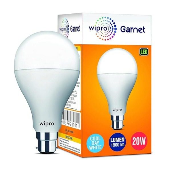 Wipro Garnet 20W LED Bulb for Home Office Cool Day White 6500K B22 Base 220 degree Light coverage 4Kv Surge Protection 400V H