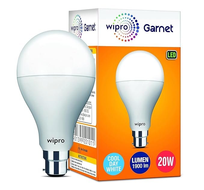 N20101 Wipro Garnet 20W LED Bulb for Home Office Cool Day White 6500K B22 Base 220 degree Light coverage 4Kv Surge Protection 400V H