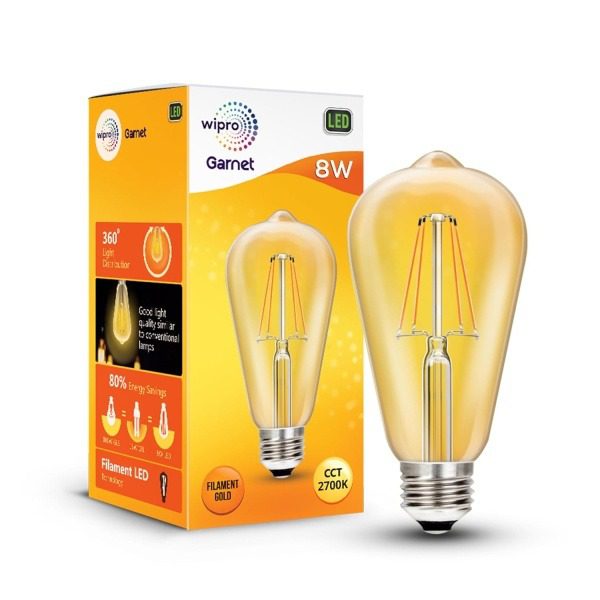 Wipro Garnet 8W A60 LED Filament Bulb Warm White 2700K , E27 Base Decorative Energy-Efficient Bulb with In-Built Surge Protec