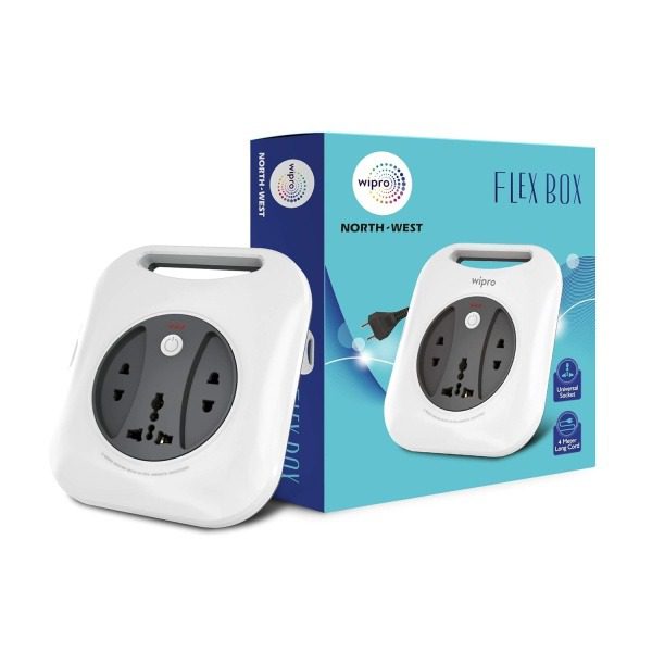 Wipro NW Flex Box Extension Cord, 1 Universal 3 Pin Socket 2 Units of 2 Pin Sockets, Master Switch Indicator, 4m Long Copper