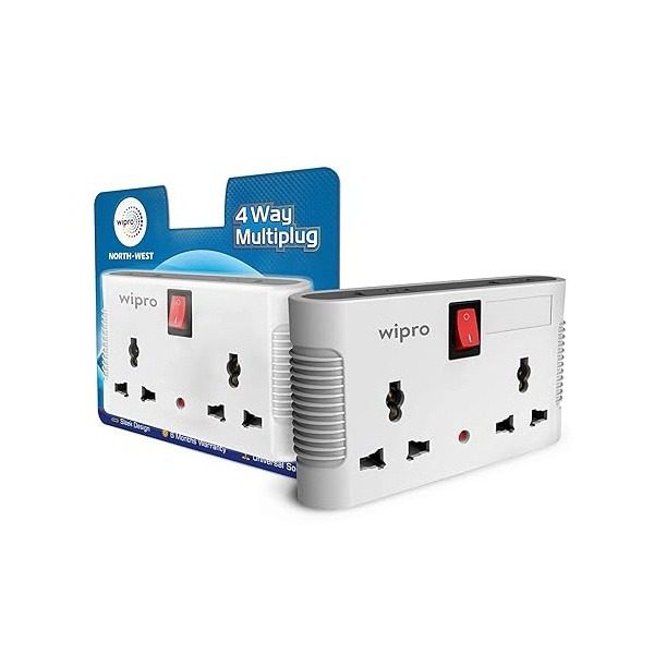 Wipro 4 Way Multiplug Adaptor, 2 Universal Sockets, Inbuilt Surge Protection Power Supply Indicator, Compact Lightweight, 6Am