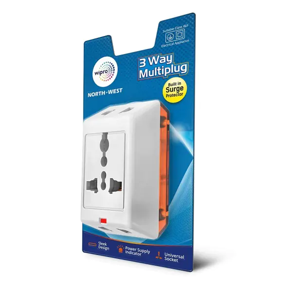 Wipro 3 Way Multiplug Adaptor, 1 Universal Socket, Inbuilt Surge Protection Power Supply Indicator, Compact Lightweight, 6Amp