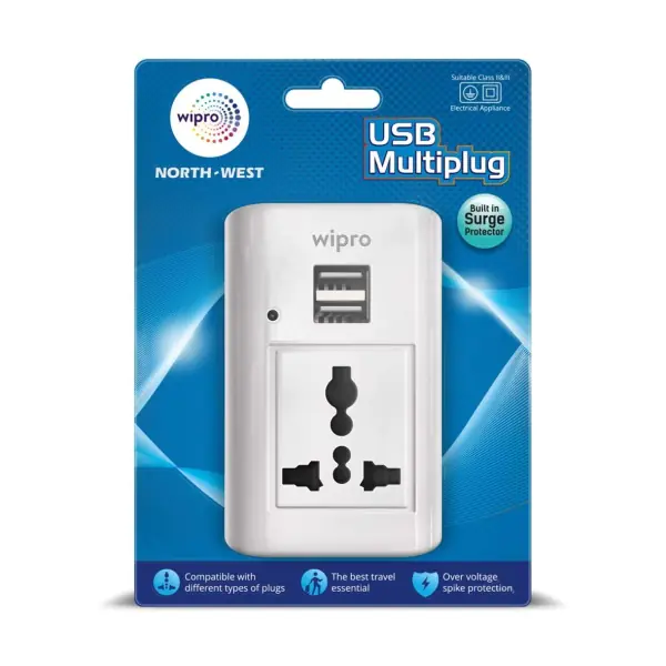 Wipro Multiplug with 3 Pin Universal Socket 2 USB Ports for Charging, Power Supply Indicator, Surge Protection, Compact Light