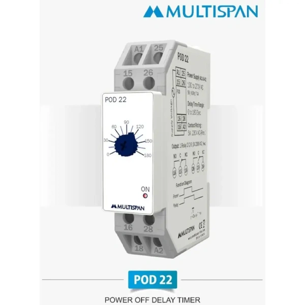 POD-22 Power Off Delay timer DIN RAIL DISPLAY TIMER ANALOG TIMER 90 X 22.5 X 72 MULTISPAN pod