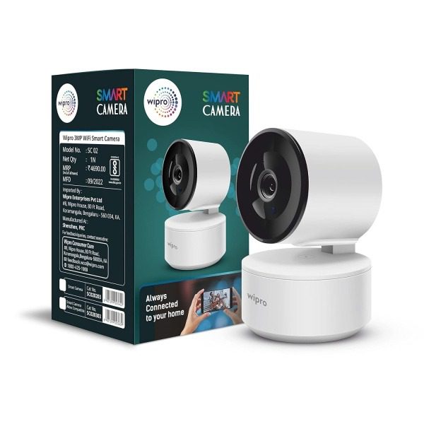 Wipro Smart Wireless Security Camera, 3MP 1296P Full HD, AI-Powered Motion Detection, Infrared Night Vision, 360 Panorama, Tw