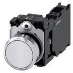 3SU1150-0AB60-3FA0 | Pushbutton, 22 mm, round, metal, shiny, white, pushbutton, flat, momentary contact type, with holder, 1 NO+1 NC, Spring-type terminal - Siemens