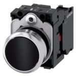 3SU1150-0AB10-1CA0 | Pushbutton, 22 mm, round, metal, shiny, black, pushbutton, flat, momentary contact type, with holder, 1 NC, screw terminal - Siemens