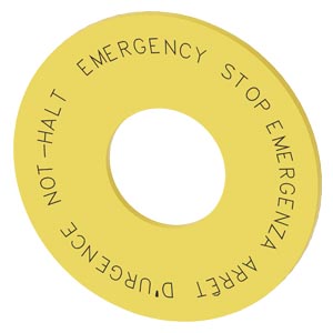 G_IC03_XX_24171i.jpg 3SU1900-0BN31-0NC0 | Washer for EMERGENCY STOP, yellow, outer diameter 60 mm, inside diameter 22.5 mm, thickness 2 mm, with inscription: NOT-HALT, EMERGENCY STOP, ARRÊT D'URGENCE, EMERGENZA 4 languages: DE,EN,FR,IT - Siemens - Image 1