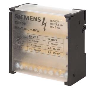 P_I202_XX_01821i.jpg 5ST2501 | Distribution block 4-pole, 80 A, 500V Input: 1x 6-16 mm2 Output: 8x 4-10 mm2 for installation on standard mounting rail - Siemens - Image 1