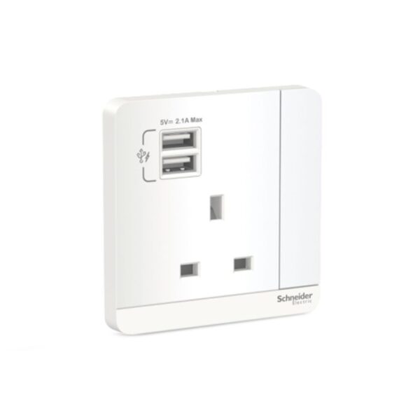 E8315USB_WE_G8 | Avataron-13A 250V Sw Skt W 2.1A Usb Charger, We - Schneider Electric