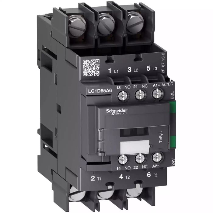 lc1d65a6bbe.jpg LC1D65A6BBE TeSys CONT 3P 65A AC3 NO NC 24V DC LUGS Schneider Electric lc1d65a6bbe