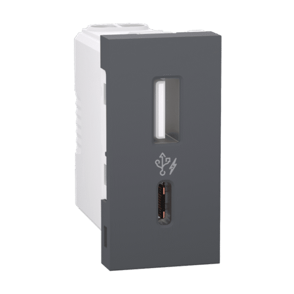 UNSACUSB1P1M_GY | 2.4A 5V A+C Usb Charger, 1 Module, Grey - Schneider Electric