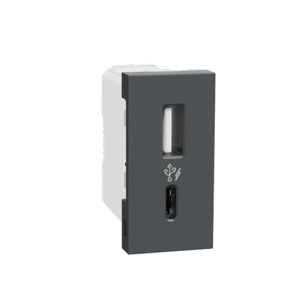 MLUSBAC1M_AN | Usb Charger, Miluz Lara, A+C Type, 100-240V, 2.4A, 12W, 1 Module, Anthracite - Schneider Electric