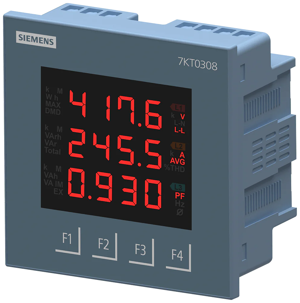 7kt0308.png 7KT0308 | Siemens Smart 7KT Multi Function Meter Modbus RTU Multi Line LED Display, Vaux 95 to 240V AC x/1 or 5 A, Class 1 - Siemens - Image 1