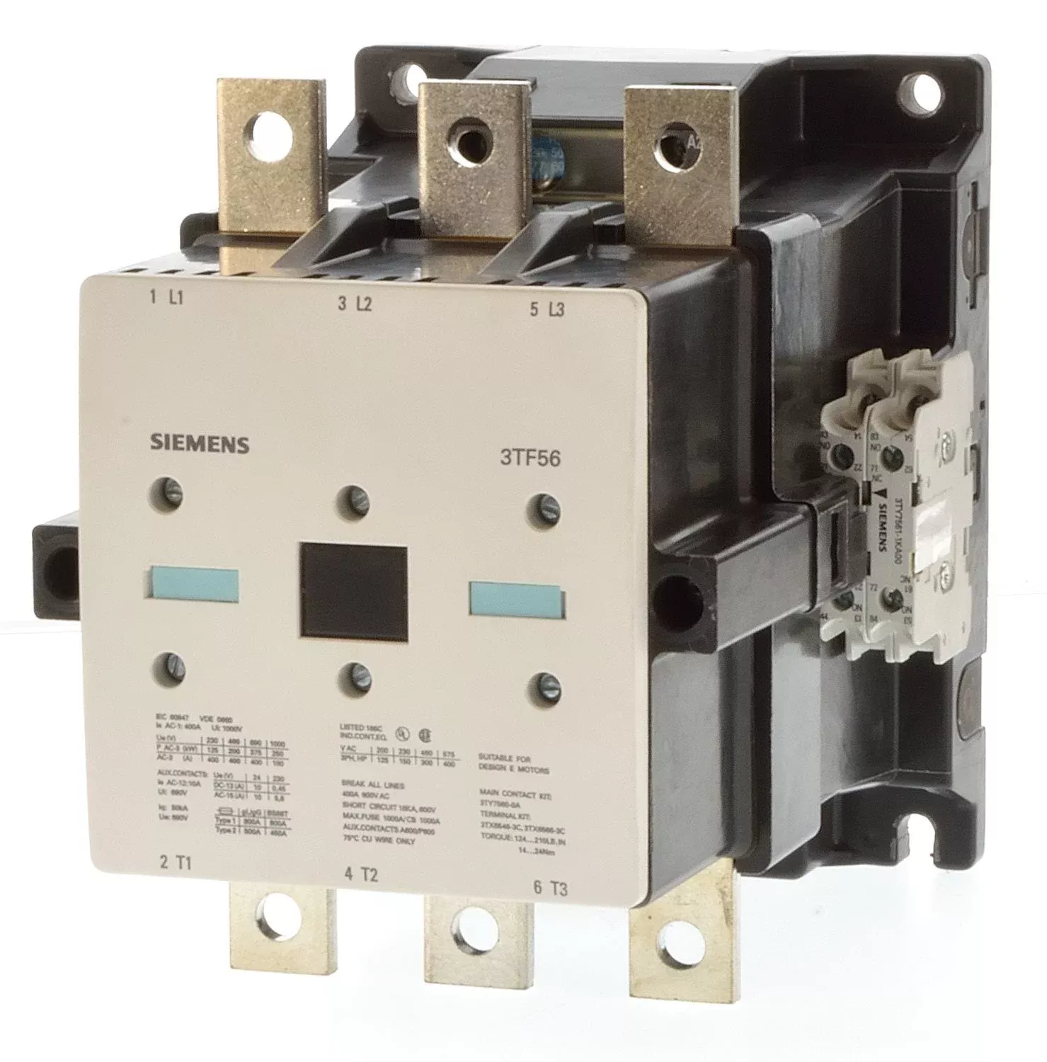siemens-3tf5602-0ab0-power-contactor-3-pole.webp 3TF5602-0AR0 | Siemens Sicop 3TF5 Power Contactor 400 A, 3 Pole, 415 V AC, 2 NO + 2 NC, AC3 Duty, Size 12 - Siemens - Image 1
