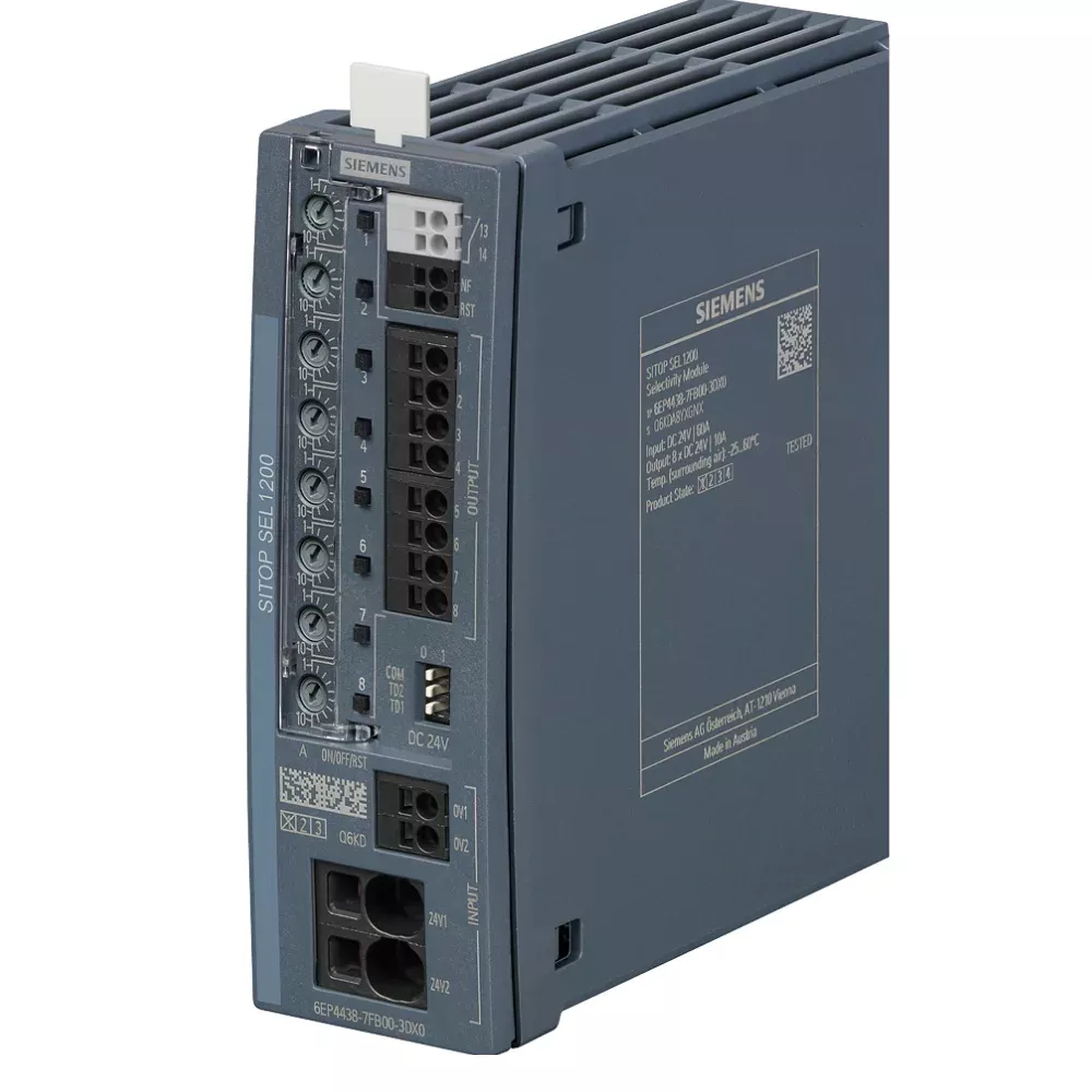 siemens-sel1200-selectivity-8-channel-switching-module-input-24-v-dc-63p44387fb003dx0.webp 6EP4438-7FB00-3DX0 | Siemens Sitop 6EP4 SEL1200 Selectivity 8 Channel Switching Module Input 24 V DC/60 A, Output: 24 V DC/8 x 10 A - Siemens - Image 1